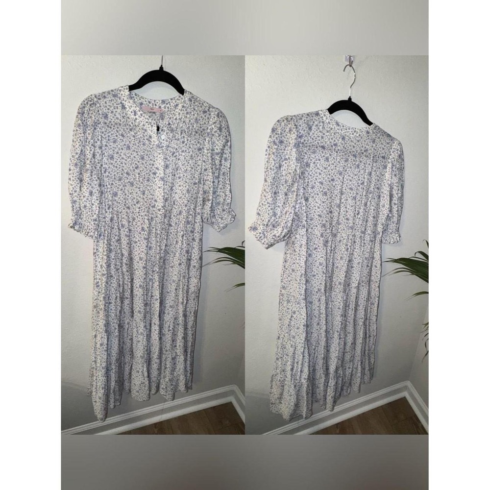 Rails Womens Cream Light Blue Floral Print Tiered Midi Dress Small S